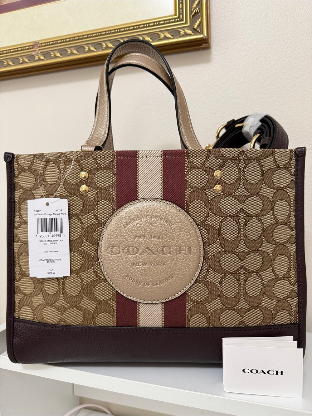 Coach Brown Signature Tote with Burgundy and Cream Stripe